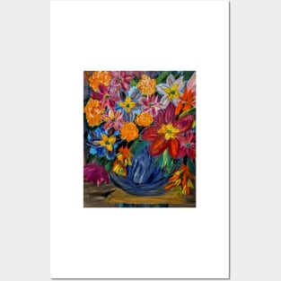 abstract vibrant colorful flowers in a glass vase with gold accent on base and top of vase Posters and Art